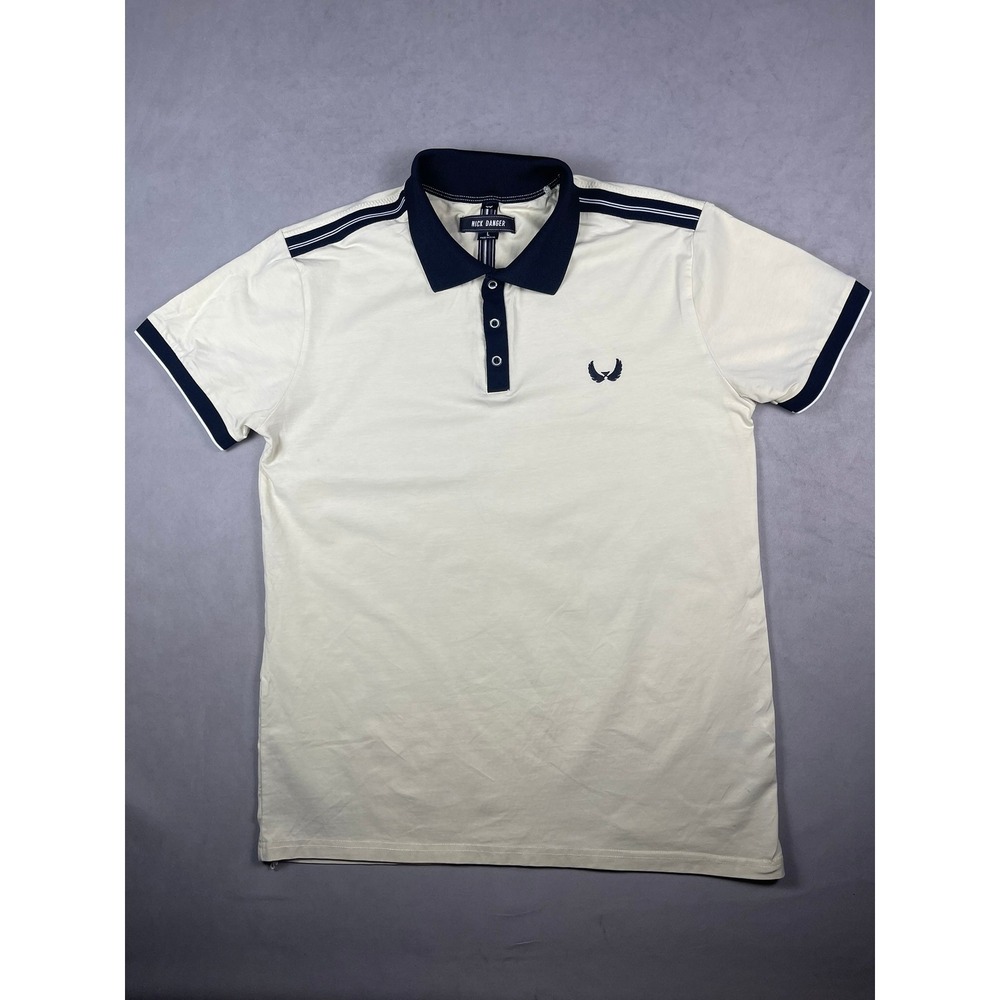 Nick Danger Mens Cream Navy Blue Striped Short Sleeve Polo Shirt Large Wing Logo